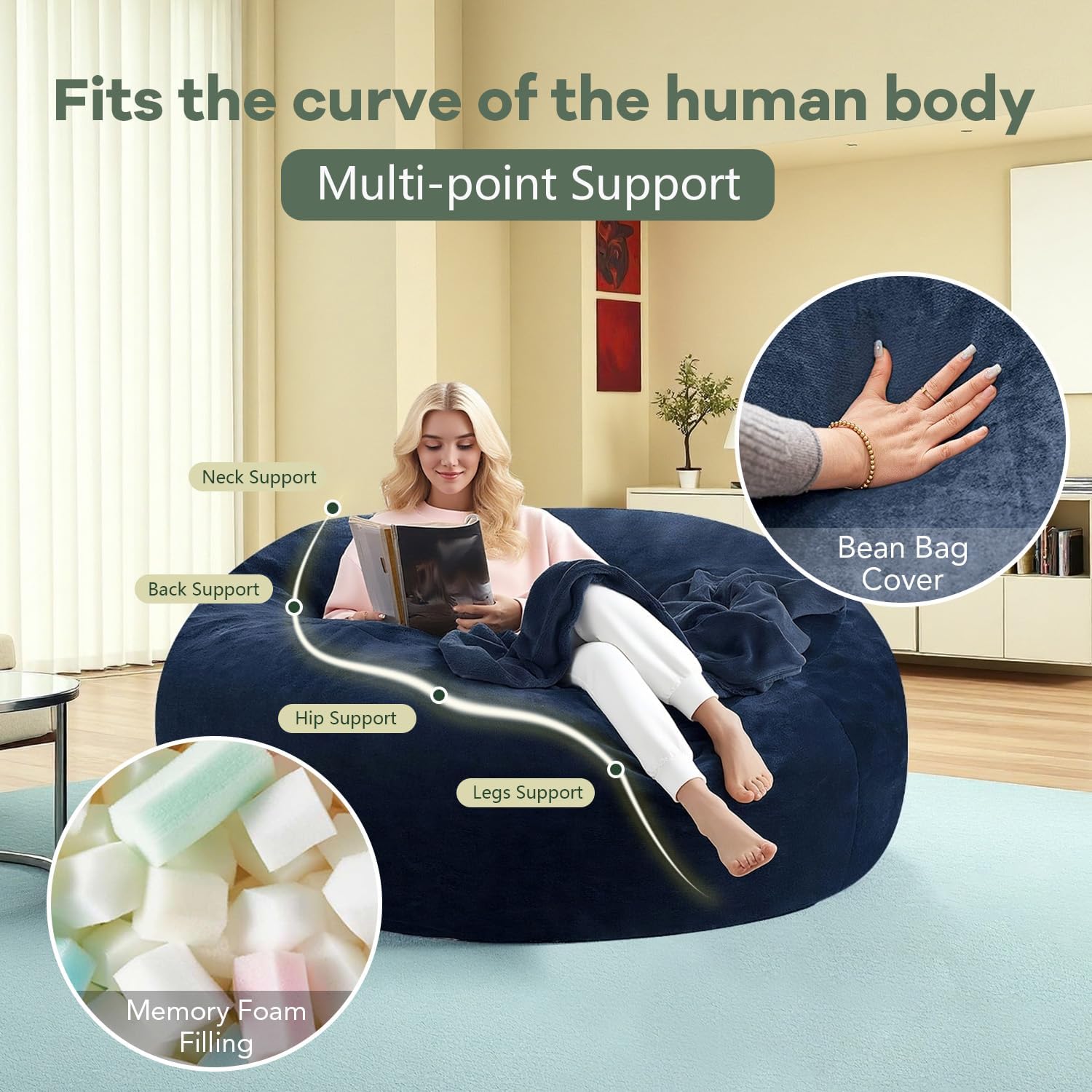 5FT,Giant beanbag Chairs for Adults,Bean Bag with Filler Included,Soft and Comfortable Memory Foam Chair,Extra Large Bean Bag，Adult Living Room，Leisure Chair Suitable(Blue, 5 Foot)