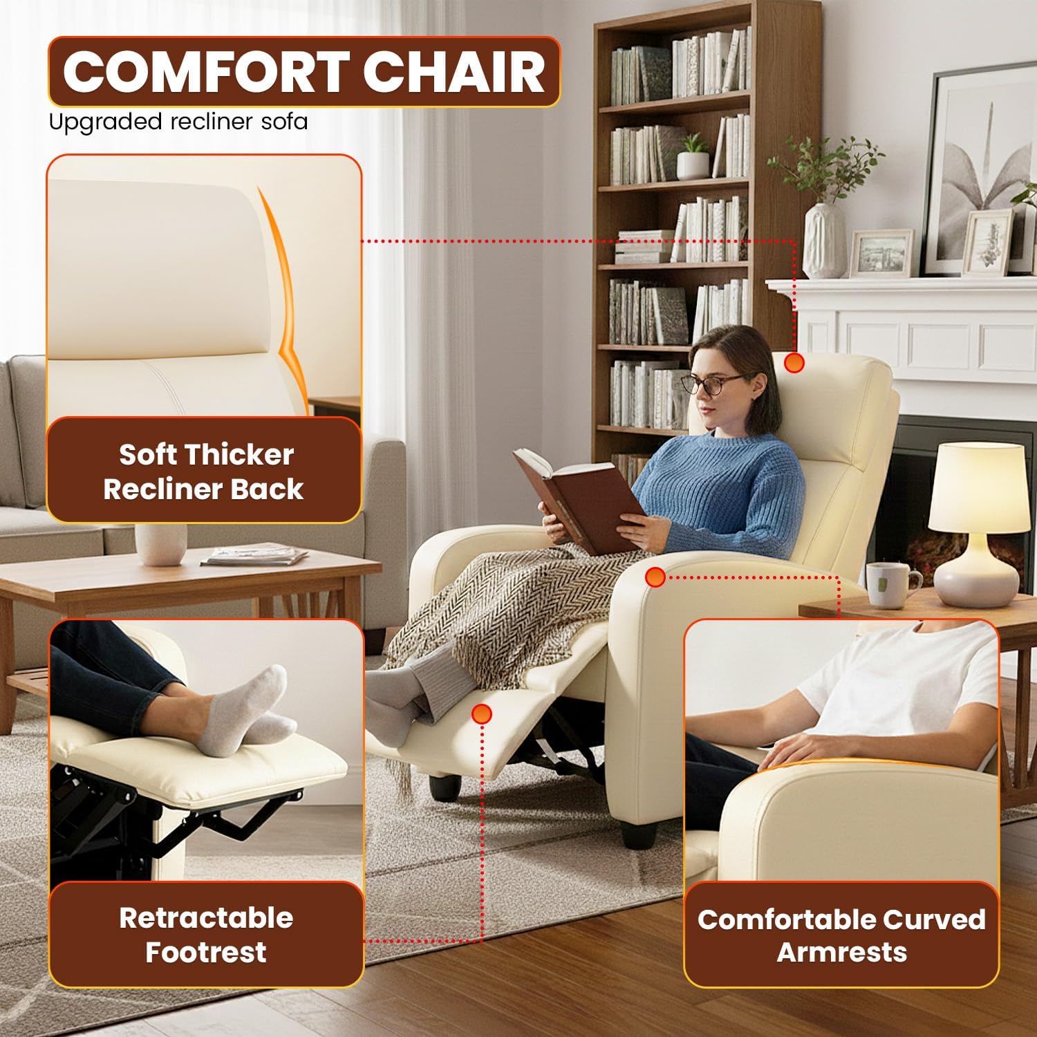 Recliner Chair for Living Room Home Theater Seating Single Reclining Sofa Lounge with Padded Seat Backrest (Beige)