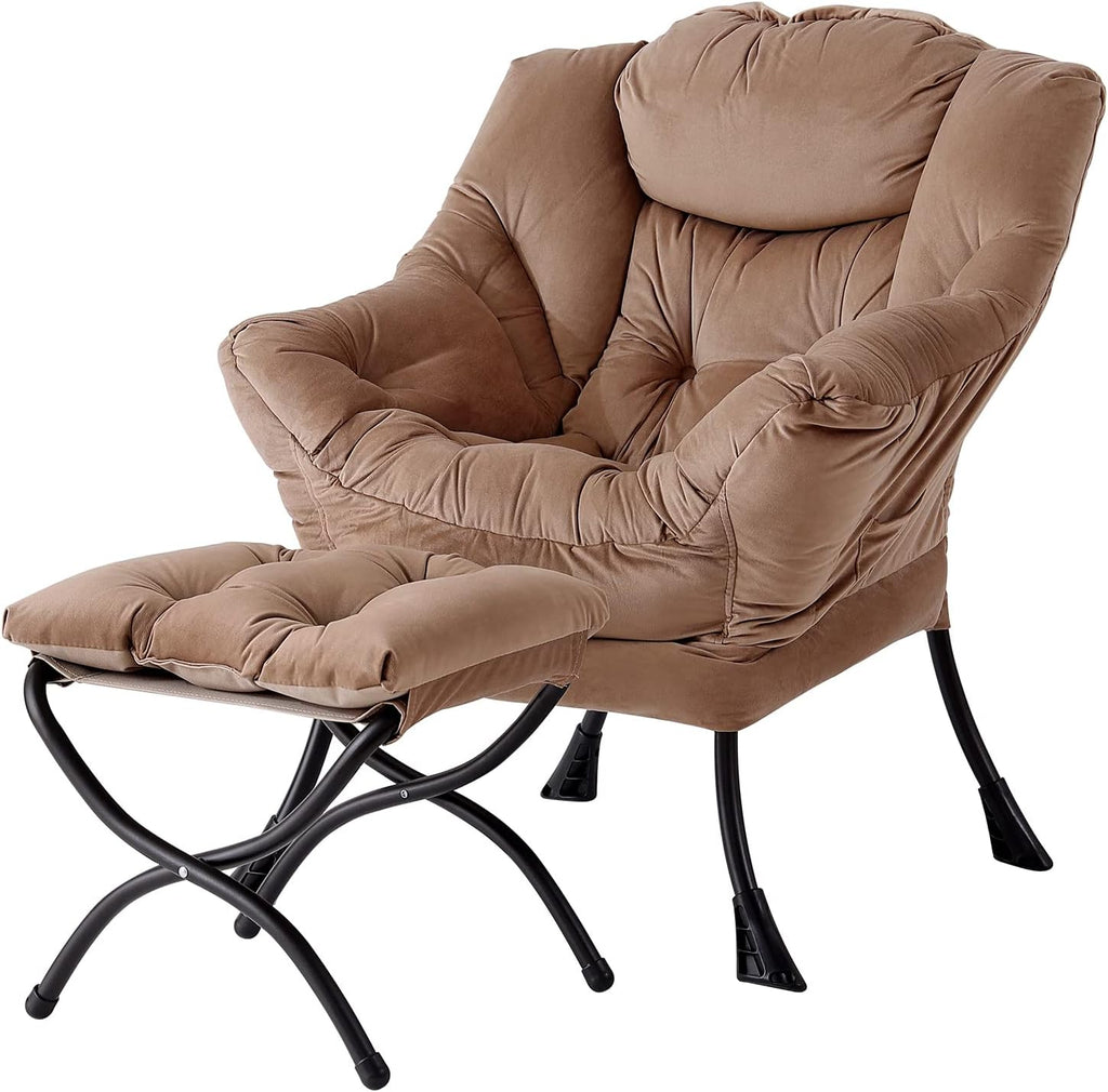 Welnow Lazy Chair with Ottoman, Modern Accent Chair with Armrests and a Side Pocket, Leisure Sofa Chair Set, Reading Chair with Footrest for Small Space, Corner Chair, Dark Brown
