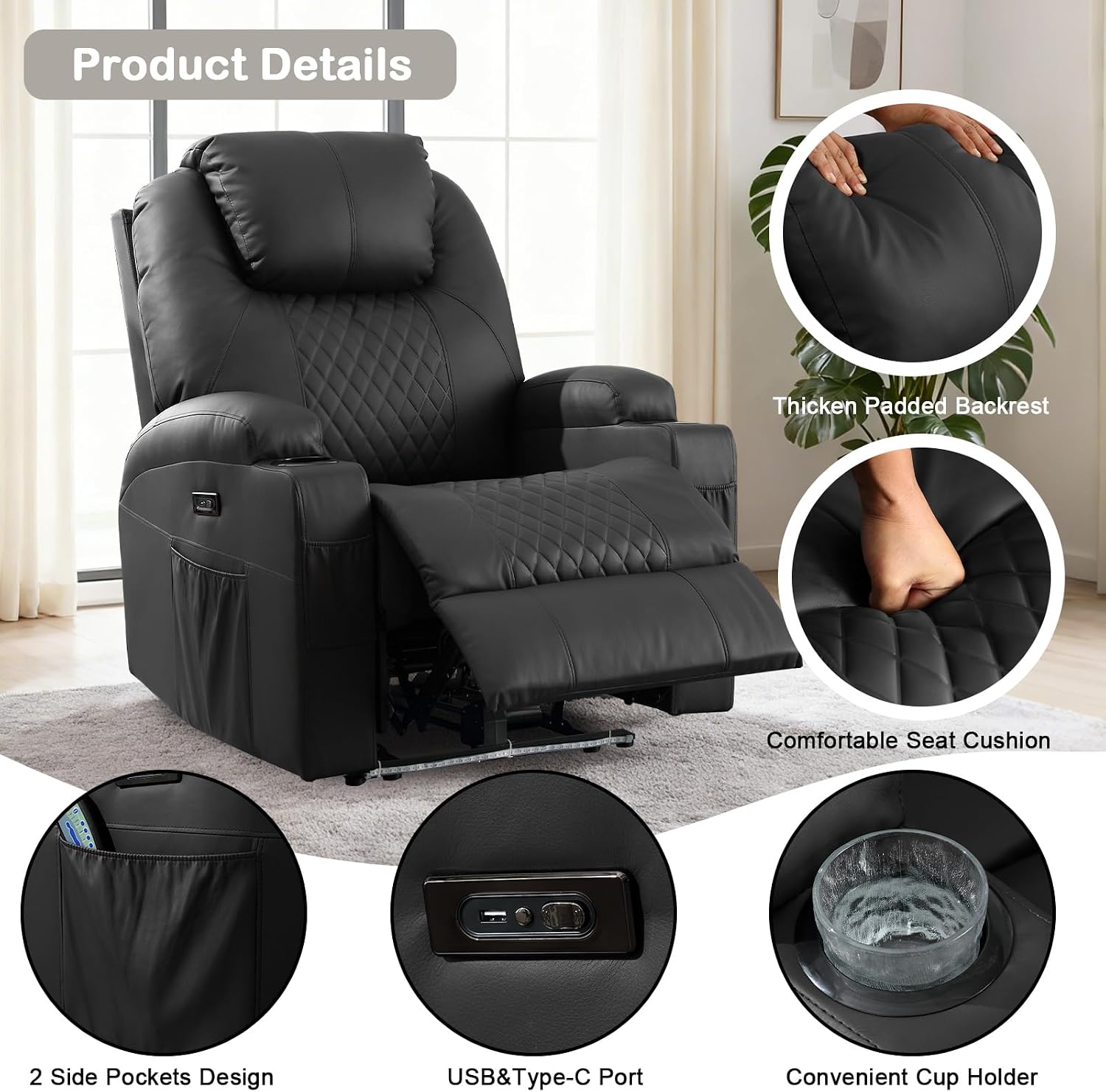 Power Recliner Chair with Heat and Massage for Adults - Home Theater Seating with LED Lights,Cup Holders,Side Pocket,USB Port - Recliner Sofa for Living Room (Black, Set of 2)