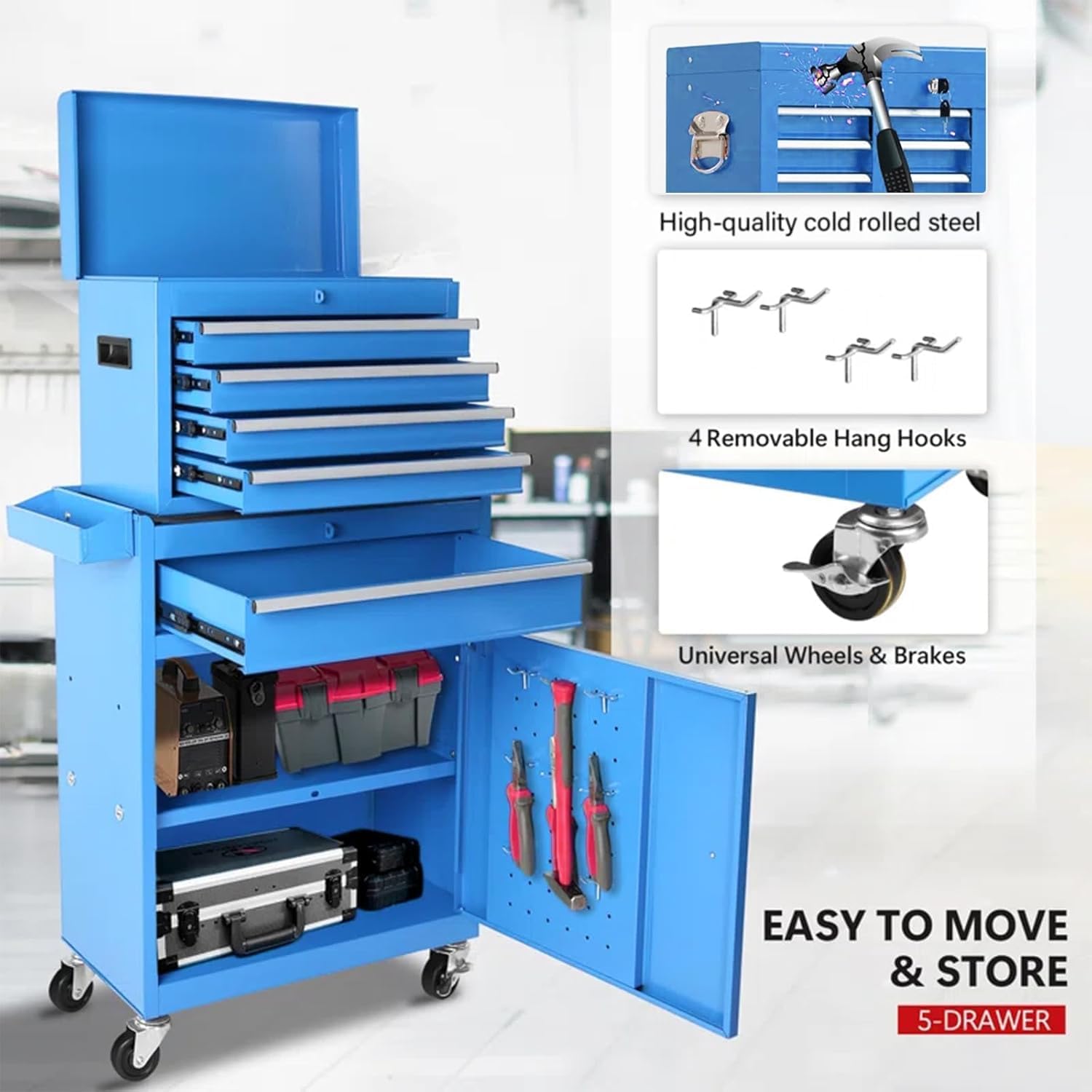 5 Drawers Rolling Tool Chest, 2-in-1 Detachable Metal Tool Storage Cabinet with Wheels, Lockable Tool Cart with Hooks for Garage, Workshop or Salon Use, Blue