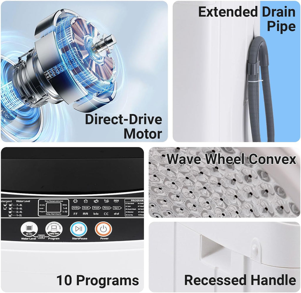 Erivess 1.8Cu.Ft Portable Clothes Dryer and 2.0Cu.Ft Full Automatic Washing Machine Set, Washer and Spinner Combo, Stainless Steel Tub, Space Saving,Ideal for Laundry, Apartments, Dorms