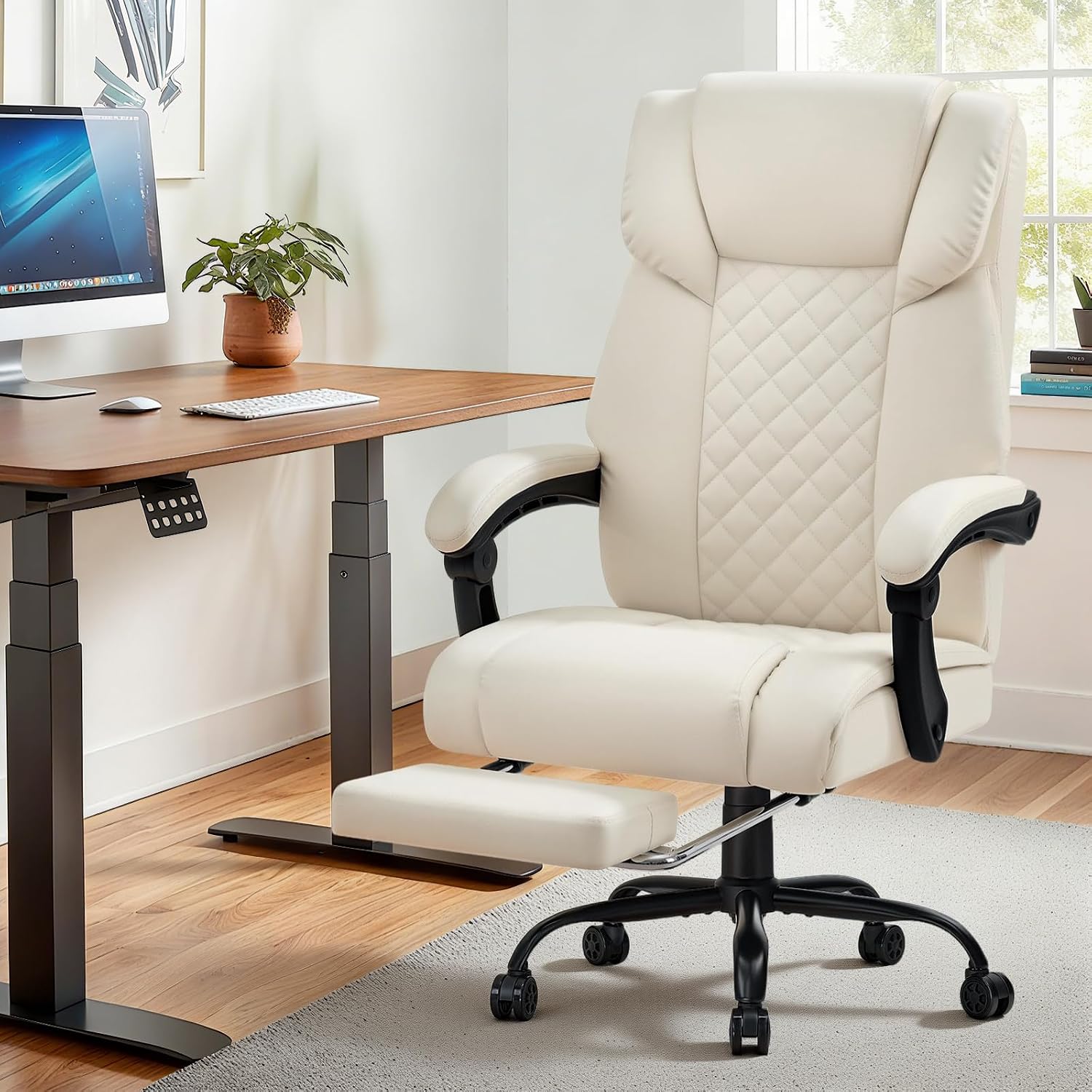 HOFFREE Heated Office Chair Massage Office Chair with Heat 400lbs Executive Reclining Home Desk Chair with Footrest,Linkage Armrests for Heavy People(Beige)