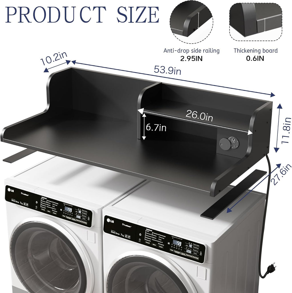 DTK Washer Dryer Countertop with Charging Station, 2 Tier Laundry Countertop with Anti-Slip Strips, 27.55' Depth x 54' Width, Wood Dryer Cover with Shelf, Black