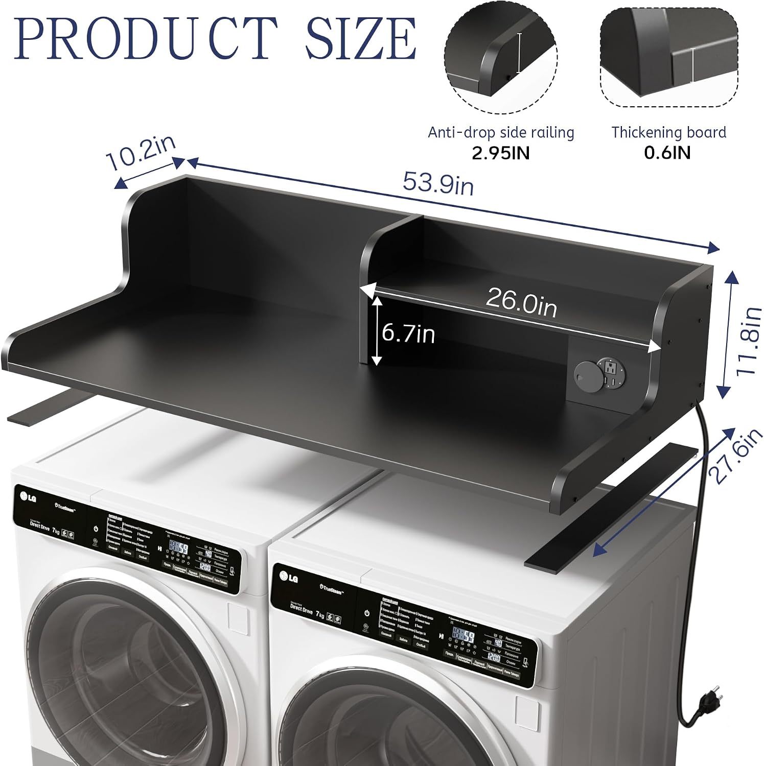 DTK Washer Dryer Countertop with Charging Station, 2 Tier Laundry Countertop with Anti-Slip Strips, 27.55' Depth x 54' Width, Wood Dryer Cover with Shelf, Black