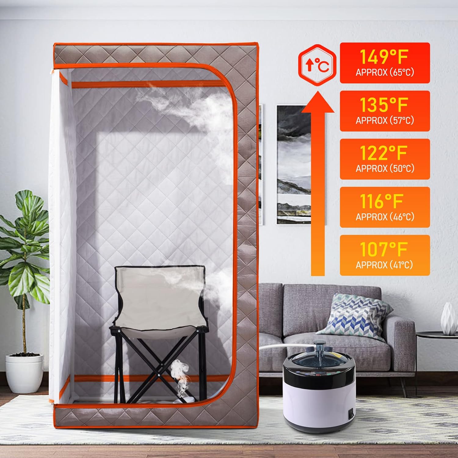 Portable Steam Sauna, Full Size Personal Sauna for Home, with 4L & 1500W Steam Generator, Remote Control, Timer (Single Steam 4L Steamer Set - Dark Grey Orange Rim, 33.85' x 33.85' x 65.74')