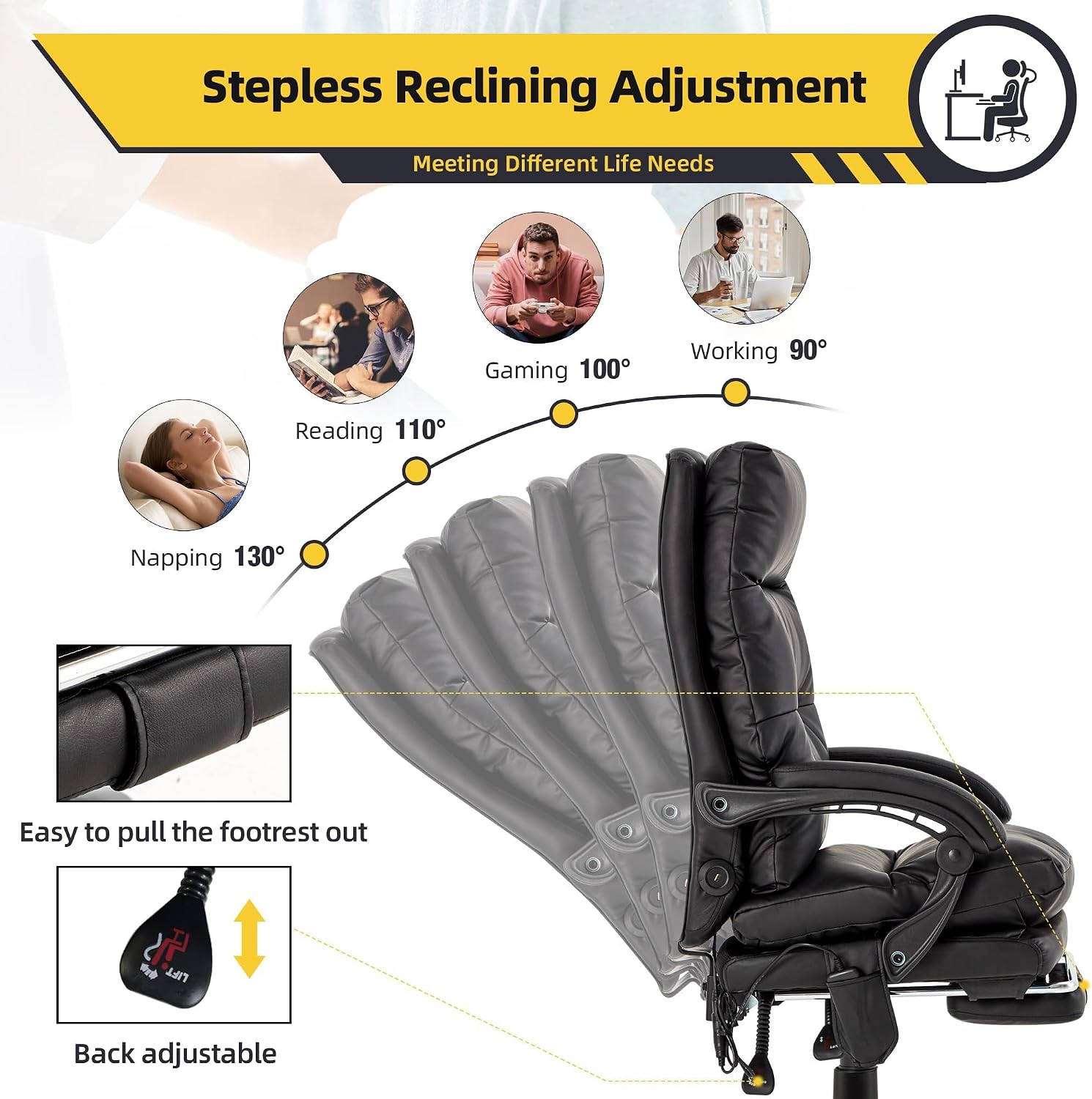 HOMREST Ergonomic Heated Reclining Office Chair with USB Charging, 4-Point Vibration Massage, Adjustable Armrests, and Footrest Premium Leather Desk Chair for Home and Office - Black