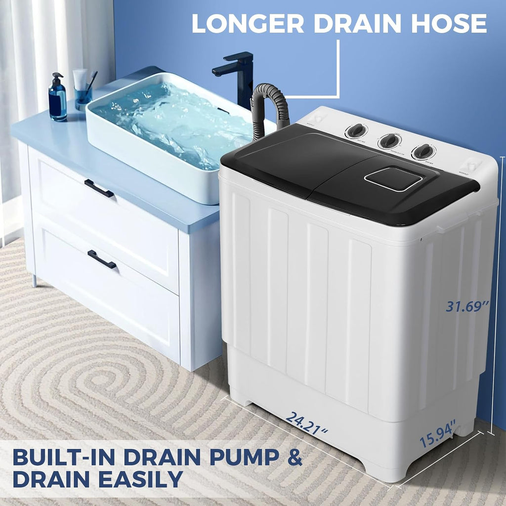 30Lbs Capacity Portable Washing Machine Nictemaw Twin Tub Compact Laundry Machine with Built-in Drain Pump, Washer and Spin Dryer Combo (19Lbs+11Lbs), Mini Washing Machine for Apartments, Dorms, RVs