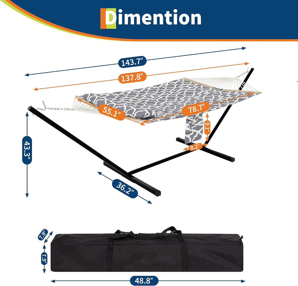 GarveeHome 2 Person Outdoor Hammock with Stand, Portable Hammock, Heavy Duty Hammock with Soft Pillow, Balance Ropes, for Patio, Backyard, Garden, Beach, Stripe
