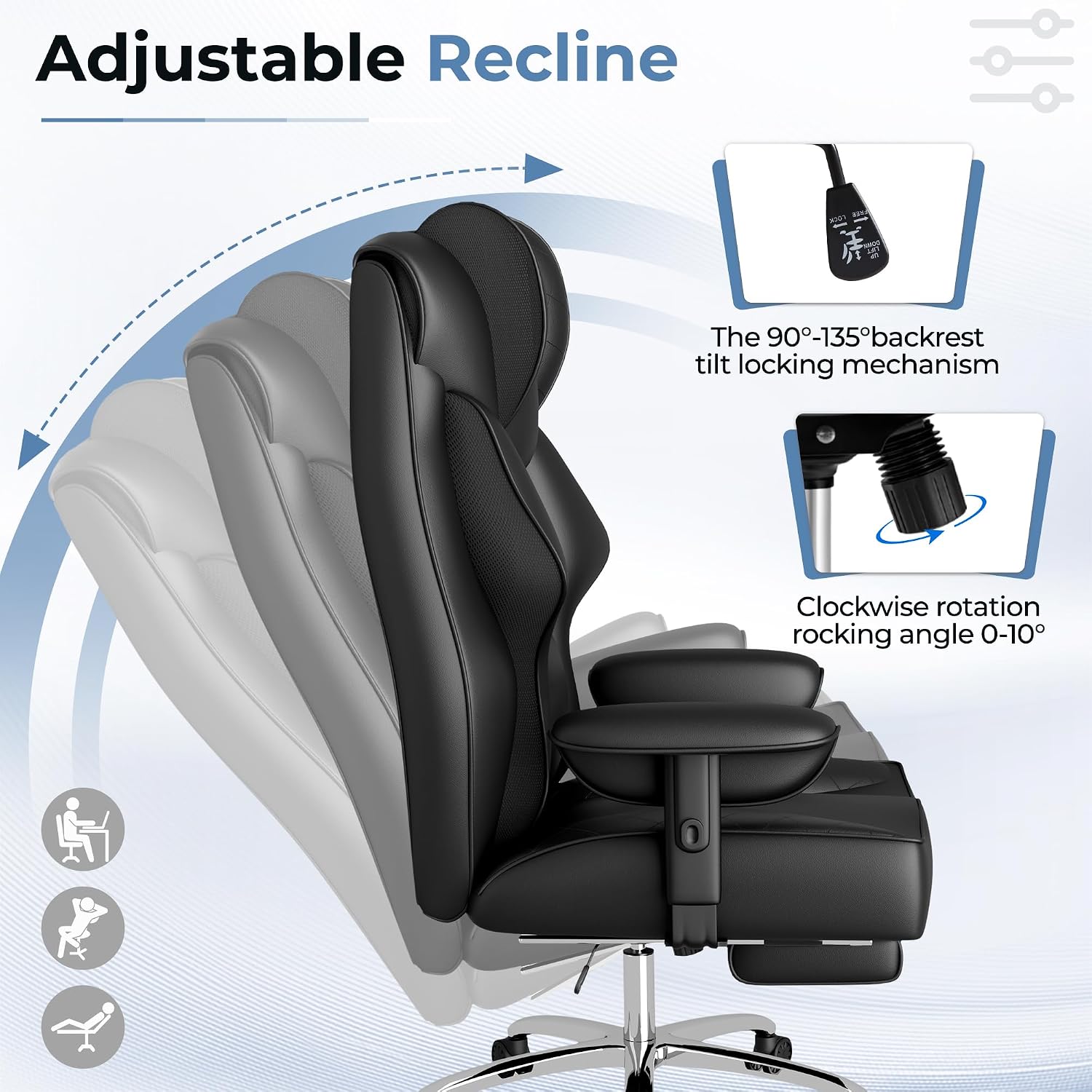Homall Big and Tall Massage Office Chair,Reclining High Back Ergonomic Home Office Desk Chair with Adjustable Padded Armrest and Foot Rest (Leather, Black)