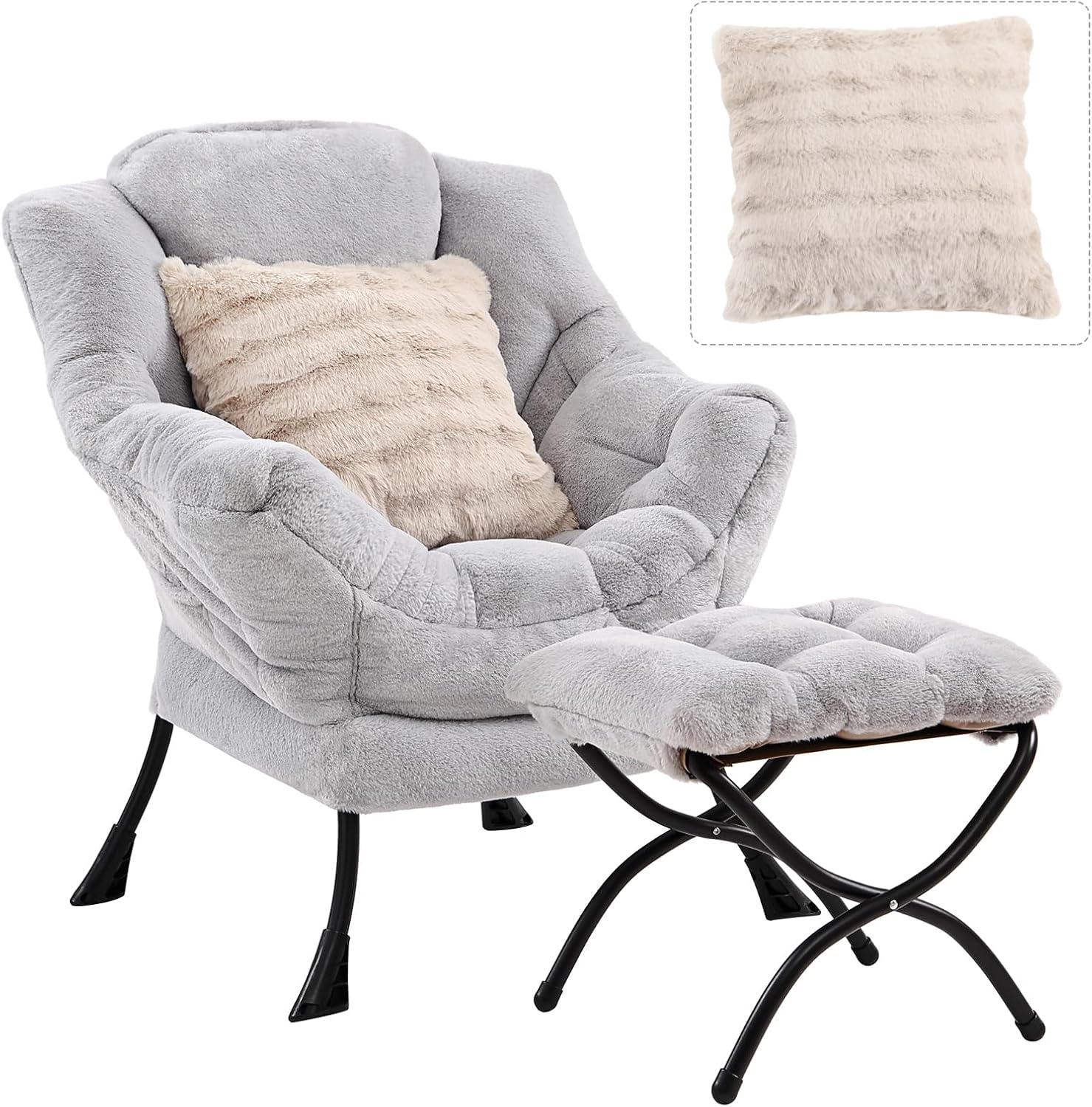 Lazy Chair with Ottoman, Large Light Grey Accent Chair with Ottoman and FA Throw Pillow, Comfy Plush Reading Chair for Living Room Bedroom Dorm Room Office Apartment Relaxing Use