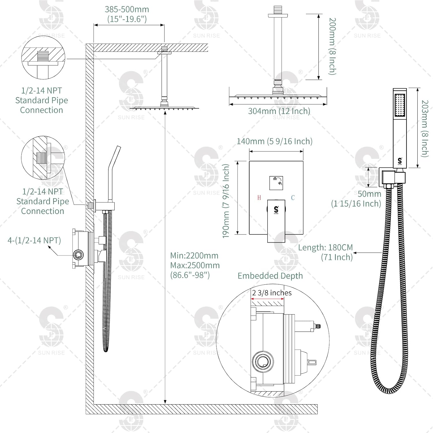 SR SUN RISE 12 Inch Ceiling Mount Matte Black Shower System Bathroom Luxury Rain Mixer Shower Faucet Set Ceiling Rainfall Shower Head System Faucet Trim Repair Kits Rough-in Valve and Trim Included