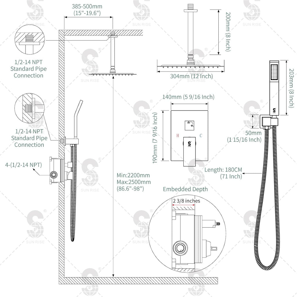 SR SUN RISE 12 Inch Oil Rubbed Bronze Shower System Brass Bathroom Luxury Rain Mixer Shower Combo Set Ceiling Mounted Rainfall Shower Head System Faucet Trim Repair Kits with Rough-In Valve and Trim