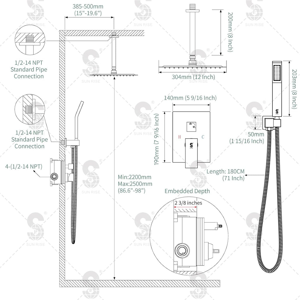 SR SUN RISE 12 Inch Ceiling Mounted Shower System Rain Mixer Shower Combo Set Rainfall Shower Head System Brushed Gold Shower Faucet Trim Repair Kits with Shower Rough-in Valve Body and Trim