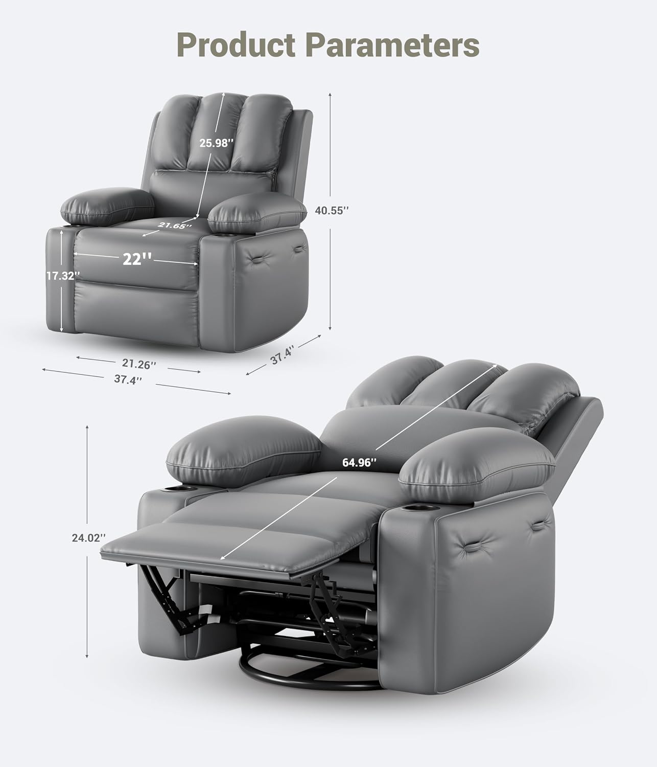 GarveeHome Oversized Recliner Chairs with Heat and Massage, Lazy Recliner Chair for Adults- Manual Chair with Cup Holder for Living Rooms, Bedrooms and Nurseries (Grey)