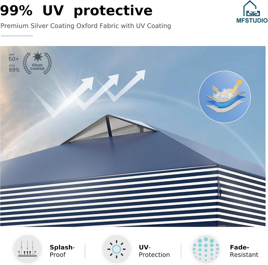MFSTUDIO Pop Up Canopy Tent, 10x10 Outdoor Canopies One Person Push Set Up Tent Instant Portable Shelter Tents with Vented Top, Storage, 4 Sandbags, Beach Canopy,Blue Stripe