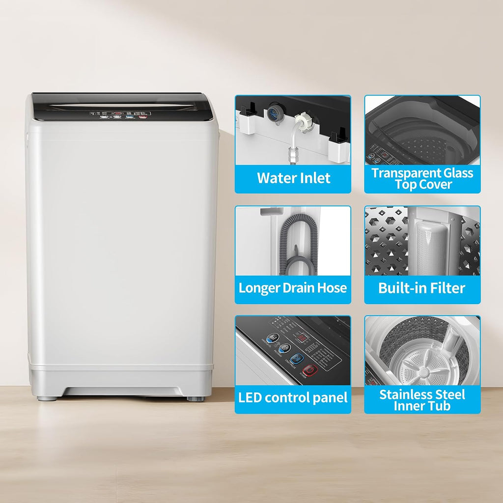 TABU Washer and Dryer Combo, Compact 2.6 Cu.Ft Dryer with Stainless Steel Inner Tub & Compact 18LBS Full-Automatic Washing Machine with 10 Washing Programs, White&White