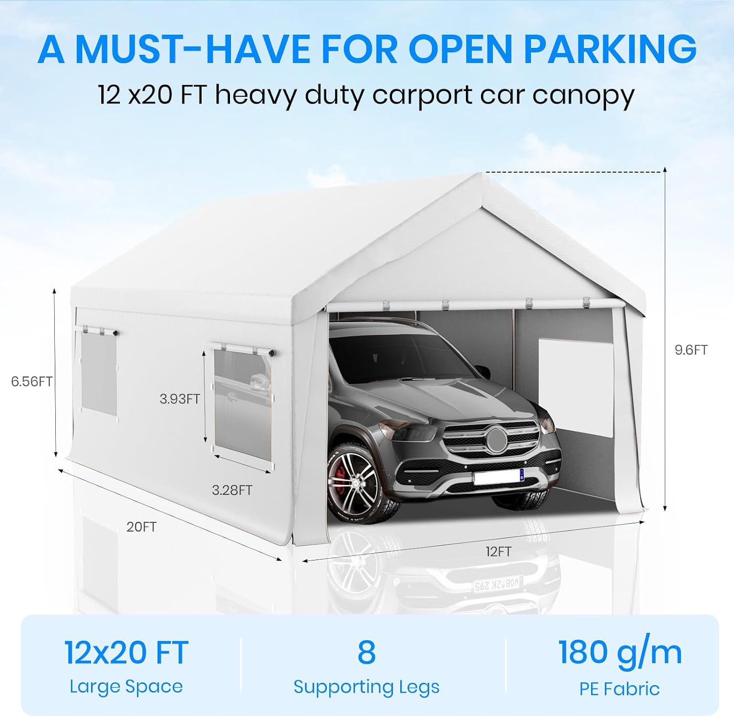 Bezseller 12x20 FT Heavy Duty Carport Canopy with Roll-Up Windows & Doors, Car Tent Portable Garage with All-Season Tarp for Cars, Boat, Trucks, White