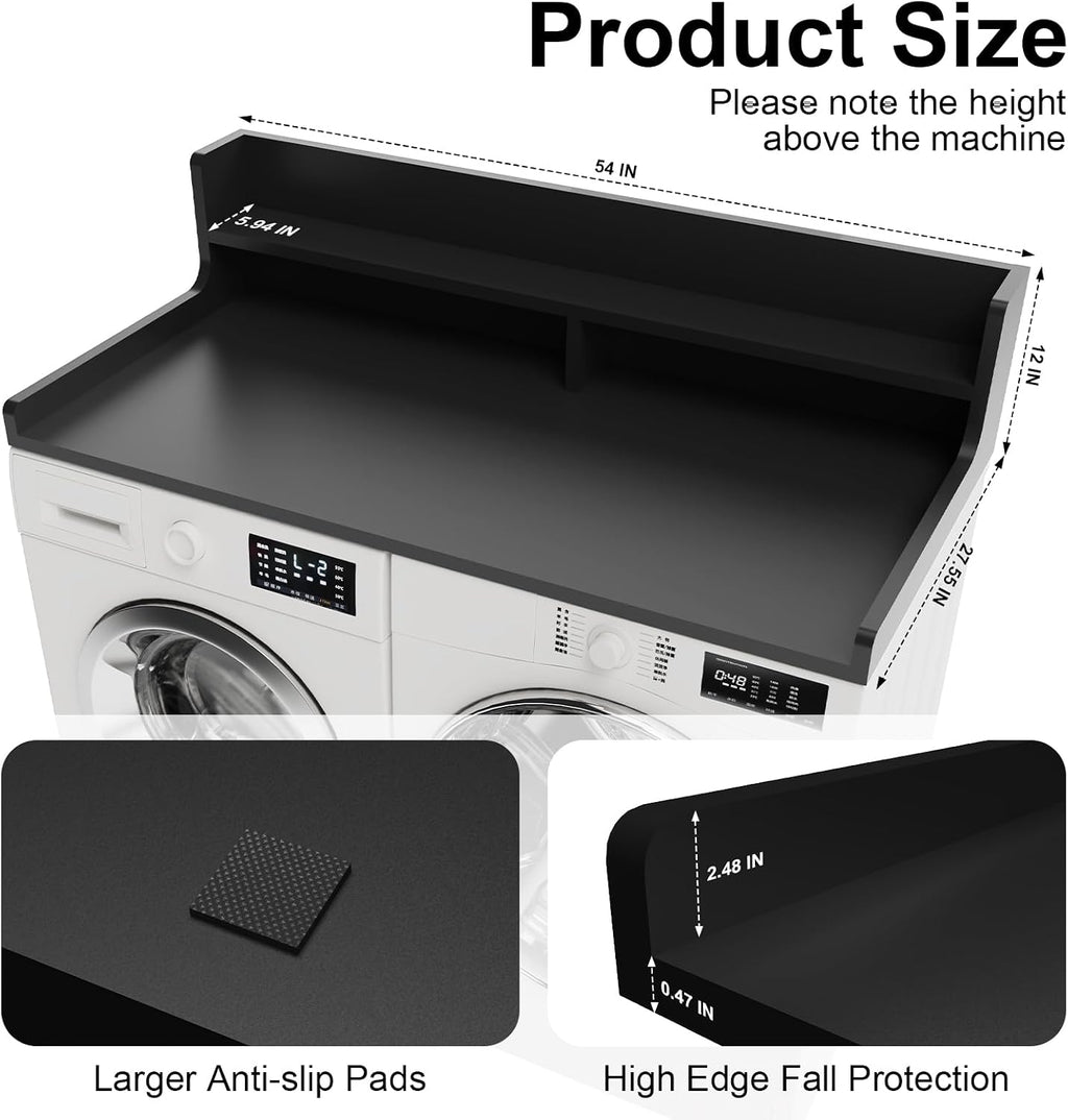 2-Tier Washer Dryer Countertop 54' x 27.55' Washer Dryer Topper for Laundry Room Organization, Large Countertop Cover with Non-Slip Pad Black