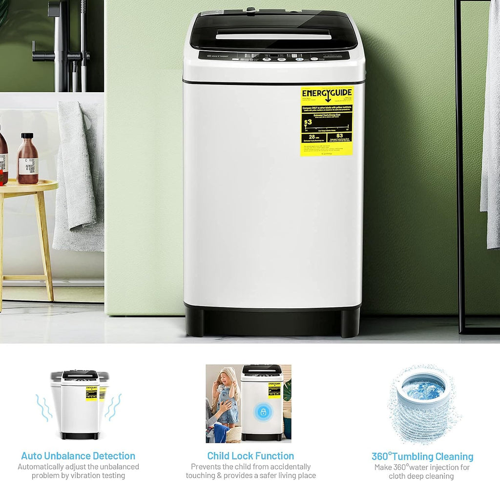 COSTWAY Portable Washing Machine, 11Lbs Capacity Full-automatic Washer with 8 Wash Programs, LED Display, 10 Water Levels, Compact Laundry Washer and Spinner Combo for Apartment Dorm, White