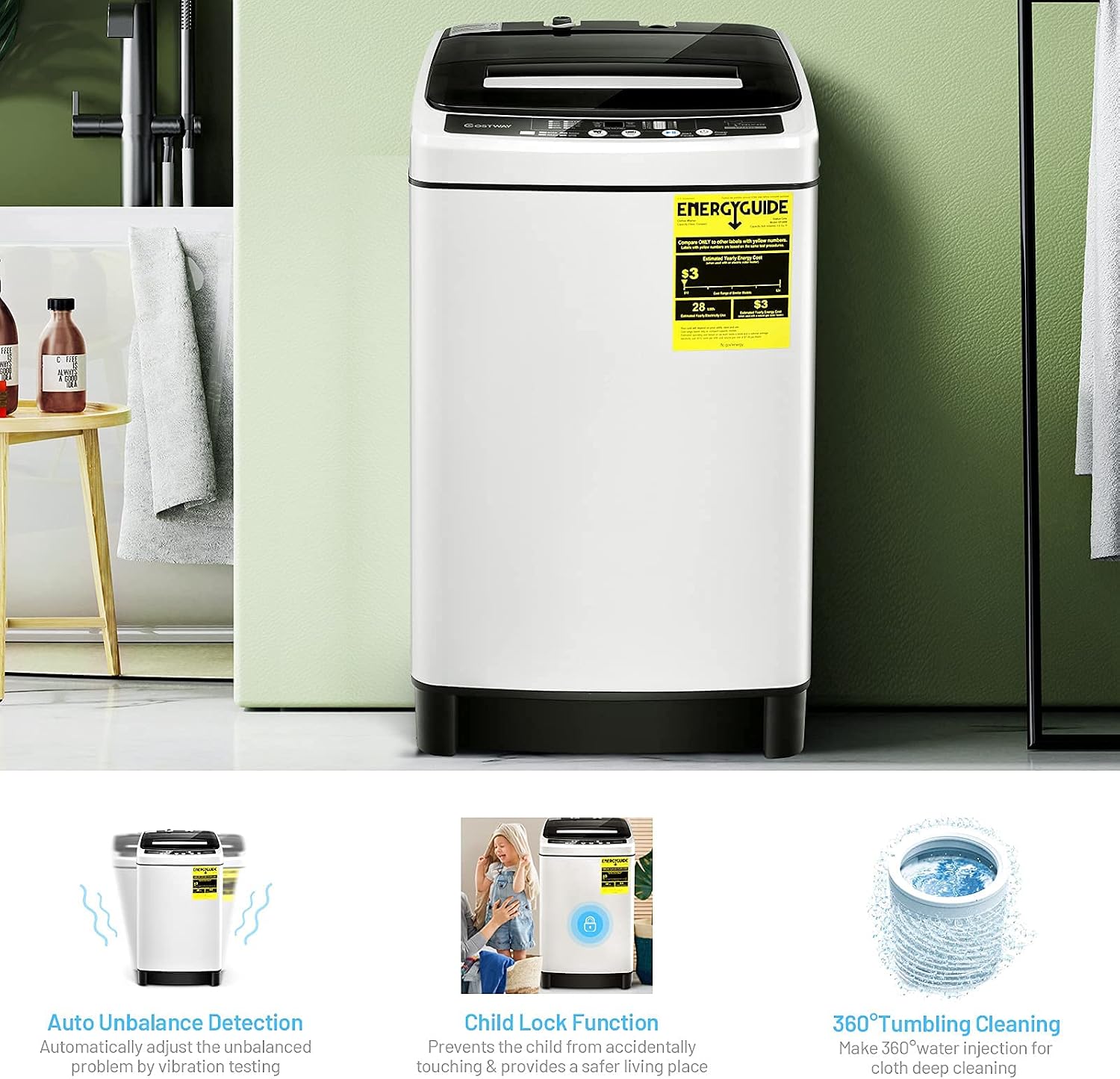COSTWAY Portable Washing Machine, 11Lbs Capacity Full-automatic Washer with 8 Wash Programs, LED Display, 10 Water Levels, Compact Laundry Washer and Spinner Combo for Apartment Dorm, White