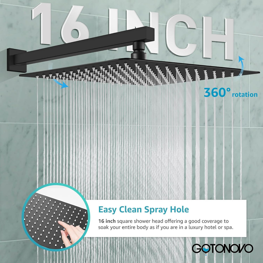 gotonovo Rainfall Bathroom Shower System Rain Shower Head and Handle Set Wall Mounted Shower Complete Combo Solid Brass Pressure Balancing Shower Mixer Valve 16 Inch Matte Black
