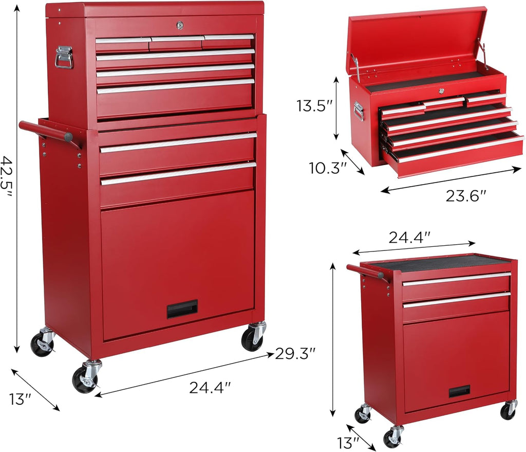 Tool Chest, 8-Drawer Rolling Tool Storage Cabinet with 2 in 1 Detachable Top Tool Box, Liner, Lockable Wheels, Side Hooks,Metal Tool Cart for Garage (8-Drawer Red)