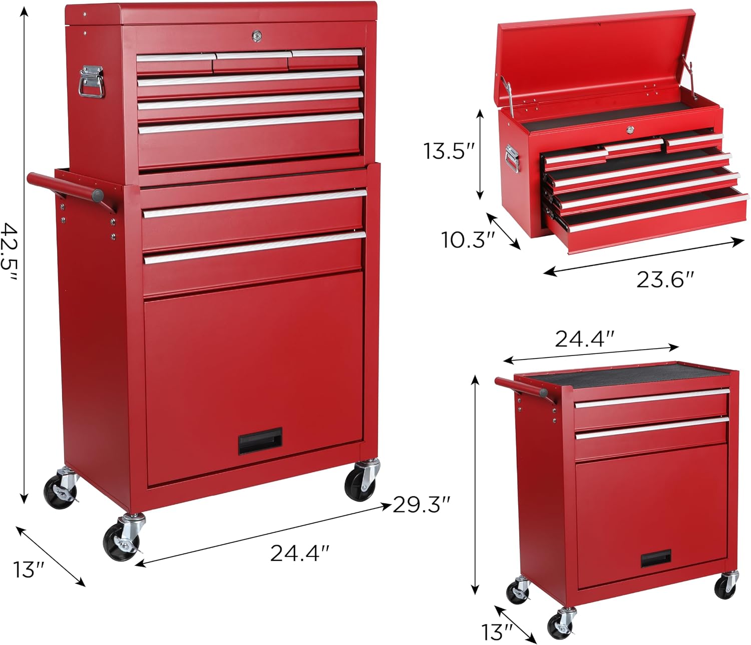 Tool Chest, 8-Drawer Rolling Tool Storage Cabinet with 2 in 1 Detachable Top Tool Box, Liner, Lockable Wheels, Side Hooks,Metal Tool Cart for Garage (8-Drawer Red)