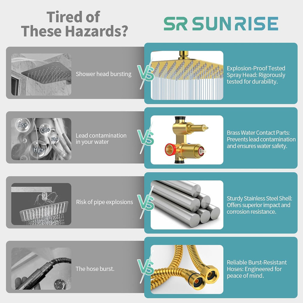 SR SUN RISE Shower Faucets Sets Complete Brushed Gold Square Rain Shower Head with Handheld Spray All Metal Shower Faucet Trim Repair Kits (Contain Shower Valve)