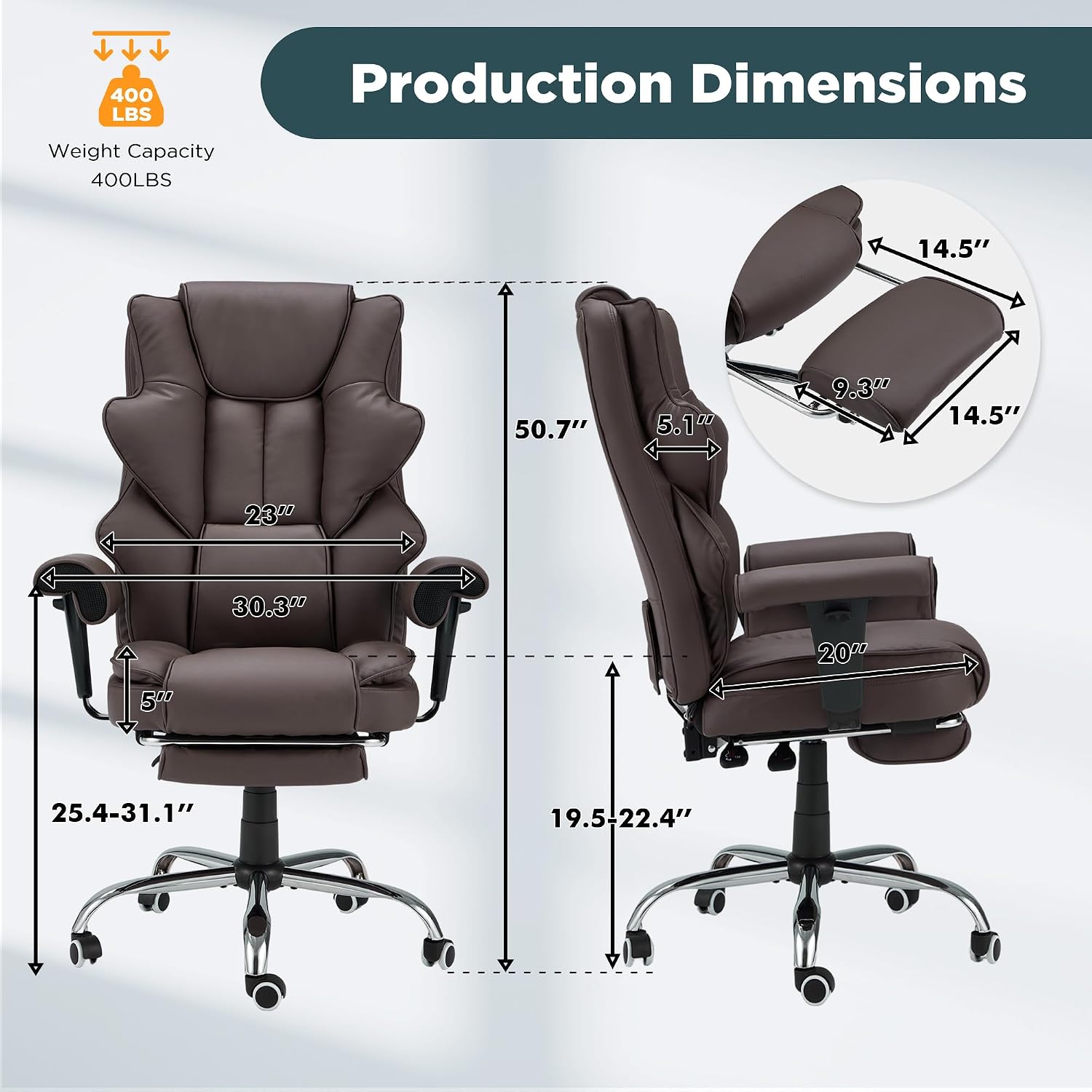 HOMREST Brown Ergonomic Office Chair with 6-Point Vibration Massage & Heat – Reclining Executive Chair with Adjustable Footrest and Armrests, PU Leather Big and Tall Home Office Desk Chair