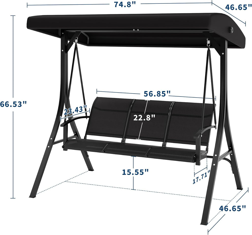 GarveeLife 3-Seat Patio Swing Chair, Outdoor Porch Hanging Swings with Adjustable Canopy and Armrests, Breathable Textilene Fabric Seat & Backrest, Swing Bench for Garden, Poolside, Backyard, Black