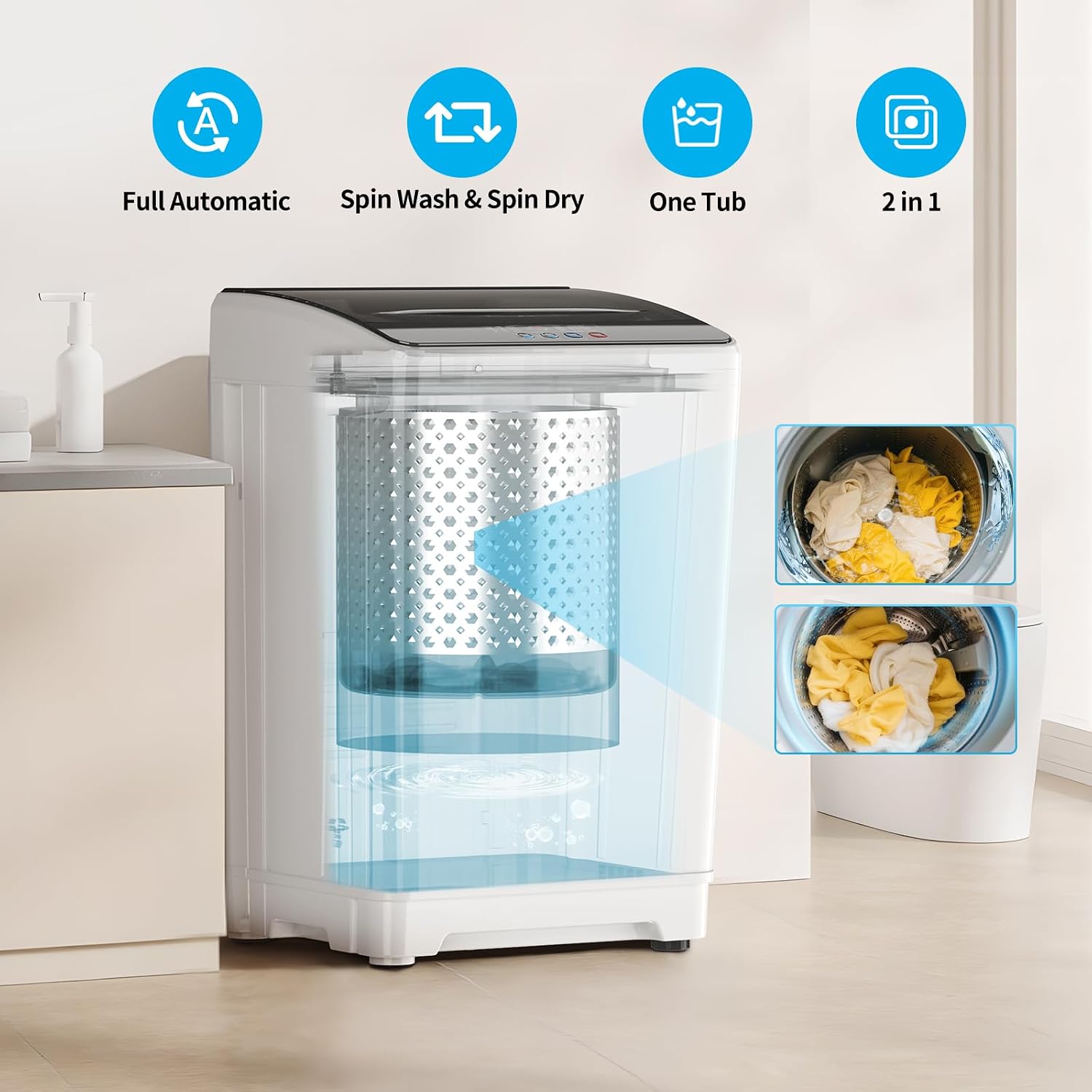 18lbs Portable Washing Machine, Full Automatic Washer and Dryer, 2.4 Cu Ft Compact with Drain Pump, 10 Wash Programs & 8 Water Levels, Ideal for Apartment, RV, Home Use, White