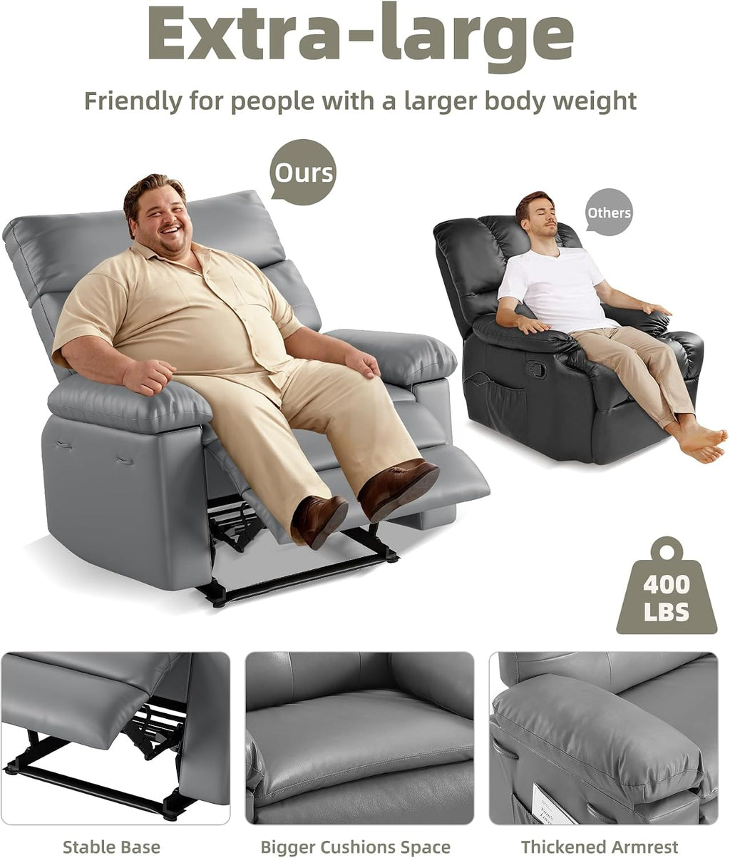 Garvee Oversized Wide Recliner Chair - Heat and Massage, PU Leather Extra Wide Manual Recliner for Adults, Large Lazy Chair with 1.5X Sponge Comfort Arm and Back for Living Room, Bedroom