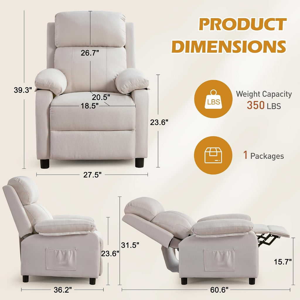 Korser Recliner Chair, Living Room Chairs for Adults, Padded Deep Seat Reading Chair with Side Pockets, Small Recliners for Small Spaces, Lounge Chair for Living Room, Bedroom, and RV (Linen)