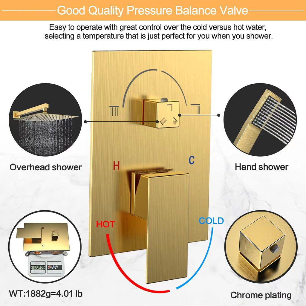 Shower System Rain Shower Faucet Set with Tub Spout,10 inch Bathroom Wall Mounted Waterfall Bathtub Faucet with Handheld Spray and Rough-in Valve Body and Trim kit,Brushed Gold