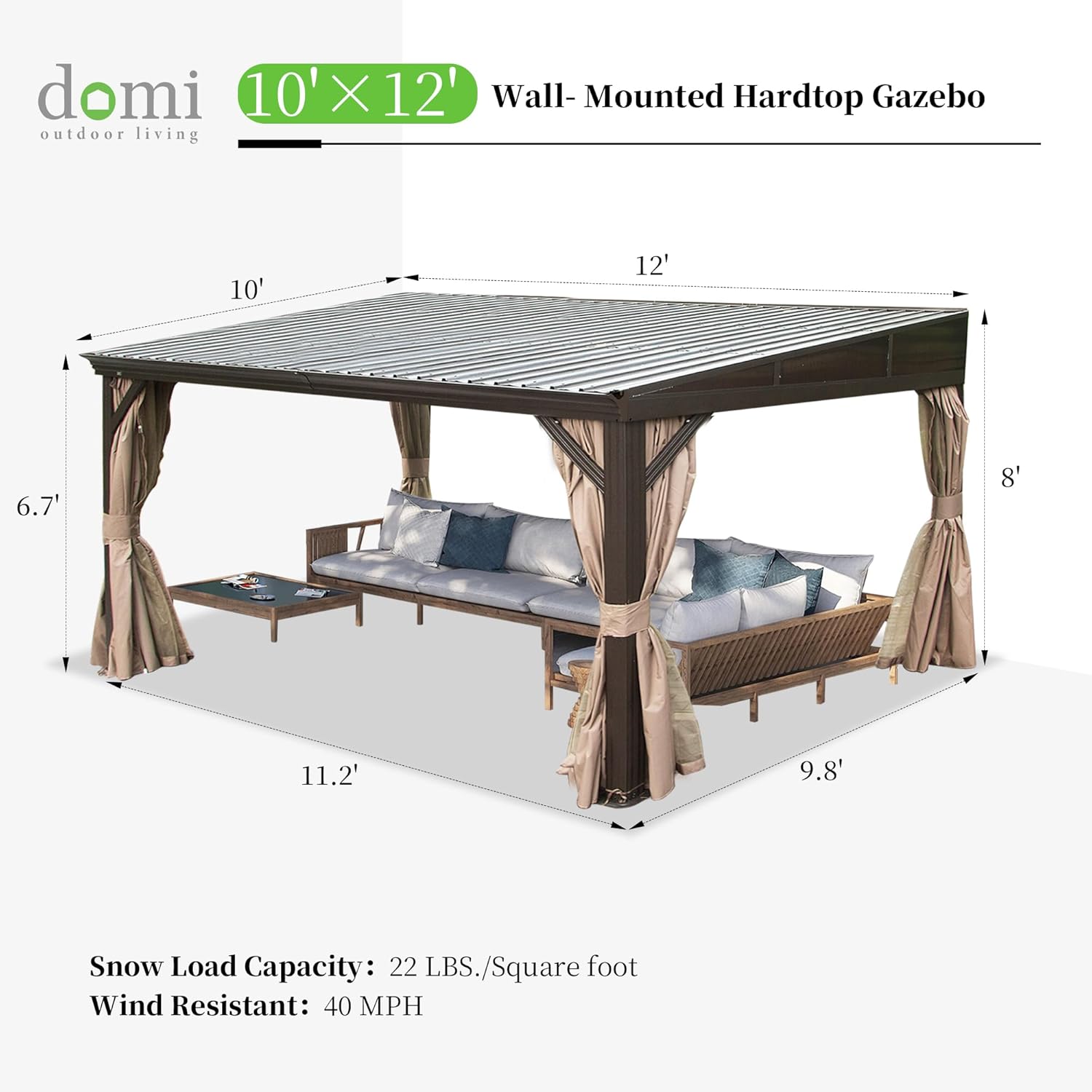 DOMI 10x12FT Lean to Gazebo with Aluminum Frame, Outdoor Hardtop Wall Mounted Gazebo with Sloping Galvanized Steel Roof, Netting Curtain for Deck, Porch, Backyard