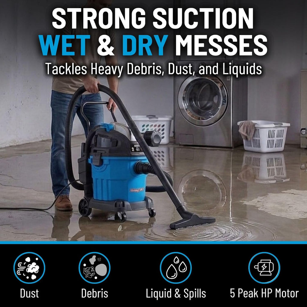 Channellock Shop Wet Dry Vacuum 5Gal 5Hp Wall Mount Vac - Remote Control, Wheels, Foam Filter - 5 Gal