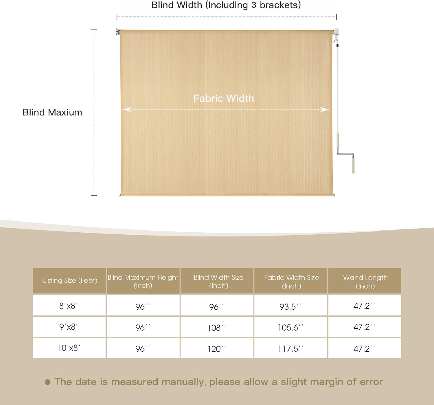 DIFY 10 * 8FT Outdoor Roller Shade, Cordless Patio Roller Up Blinds for Yard Deck Porch, Wand Crank Operation, Wheat