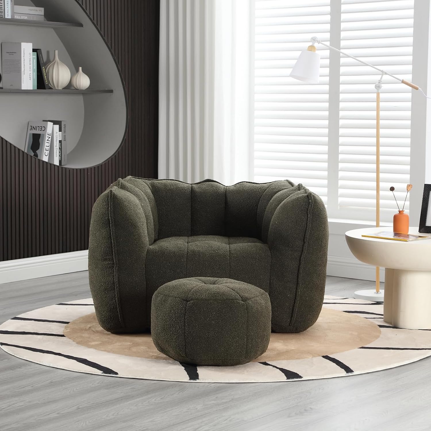 Giant Bean Bag Chair with Ottoman, Oversized Beanbag Chair for Adults, Comfy Floor Sofa Chair with Foam Filler, Pumpkin Lazy Lounger for Living Room, Game Room, Reading Corner, Chenille Olive Green