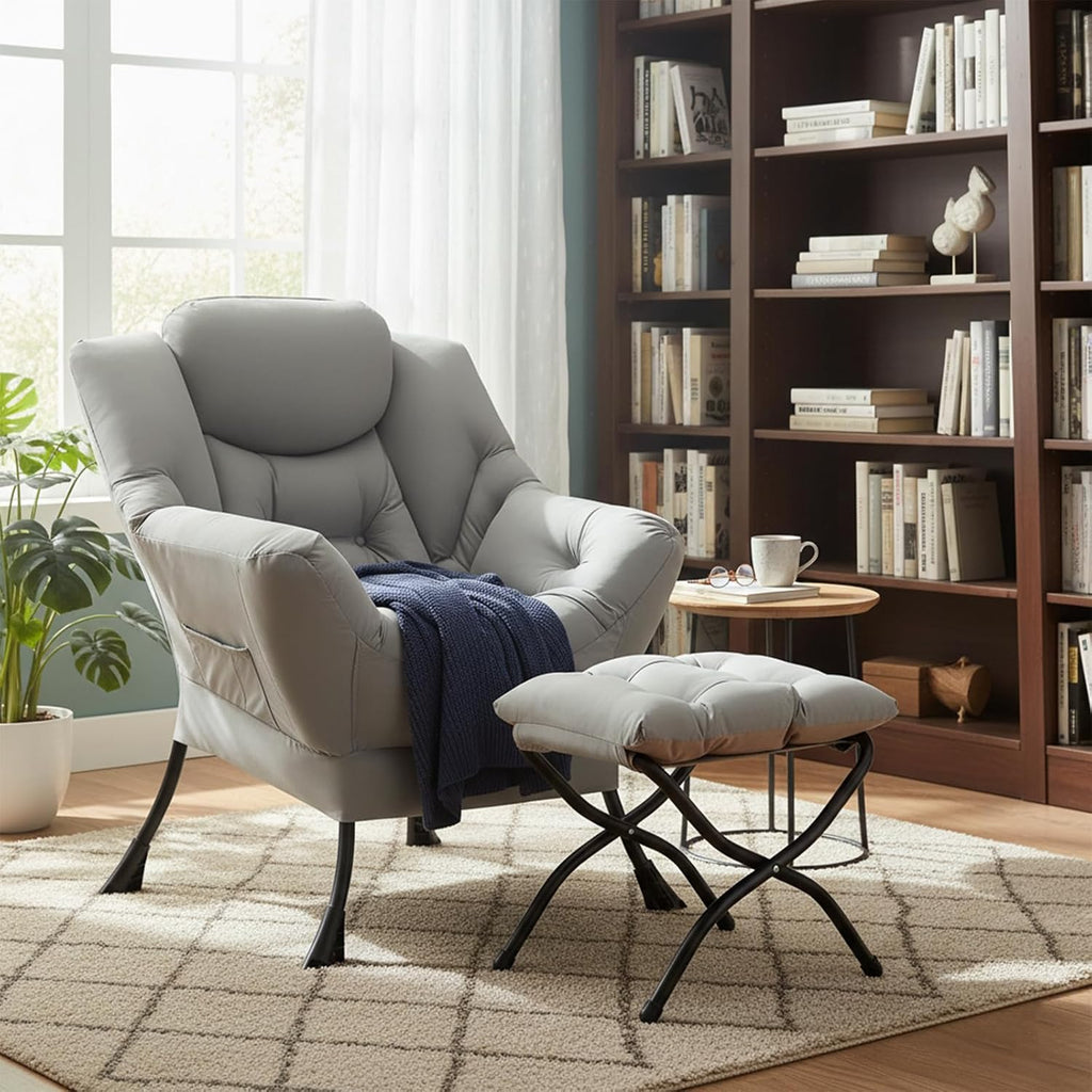 Welnow Lazy Chair with Ottoman, Modern Accent Chair with Armrests and a Side Pocket, Leisure Sofa Armchair Set, Reading Armchair with Footrest for Small Space, Light Grey