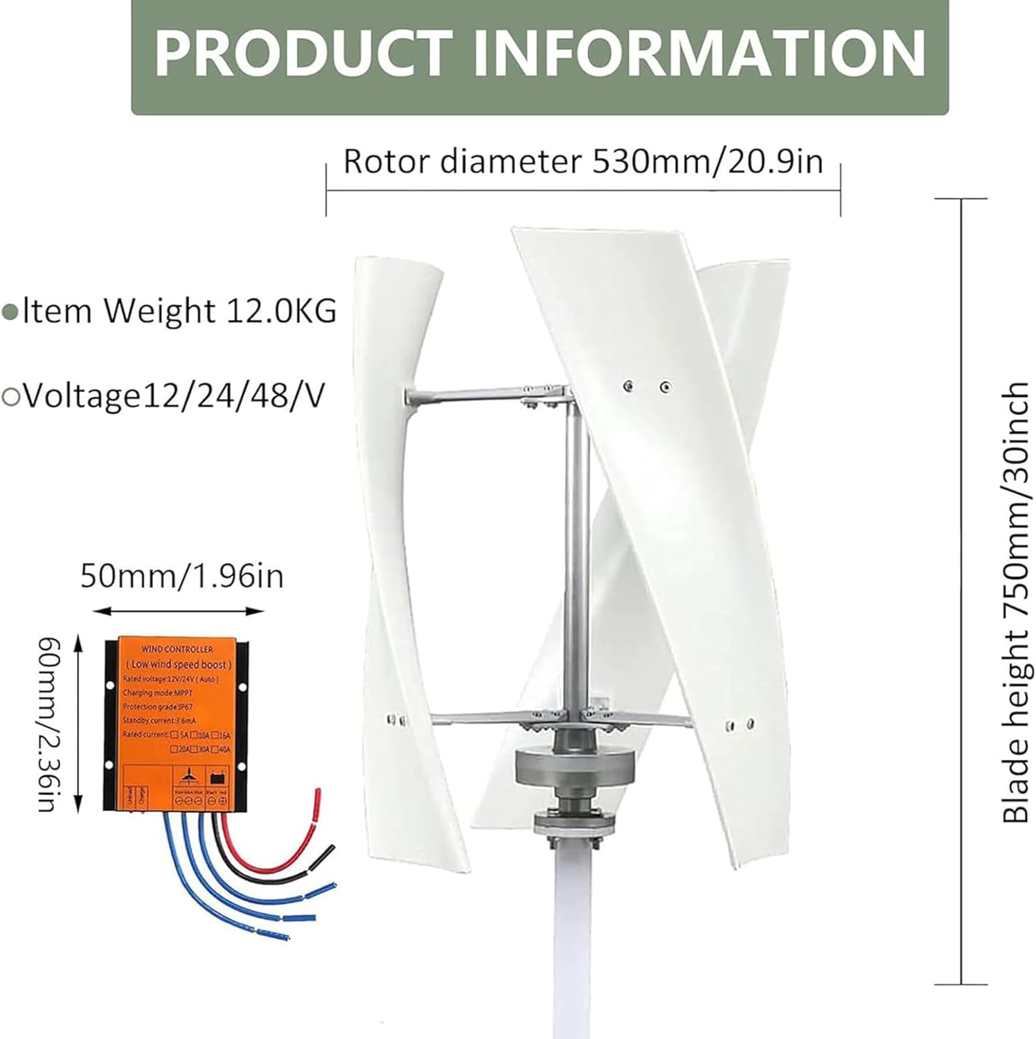 3000W/8000W Vertical Wind Turbine Generator Kit, 12V/24V/48V 3 Blades Helical Magnetic Levitation Shaft Vertical Wind Turbine with MPPT Controller, Suitable for Home Factory Use 220V-3000W