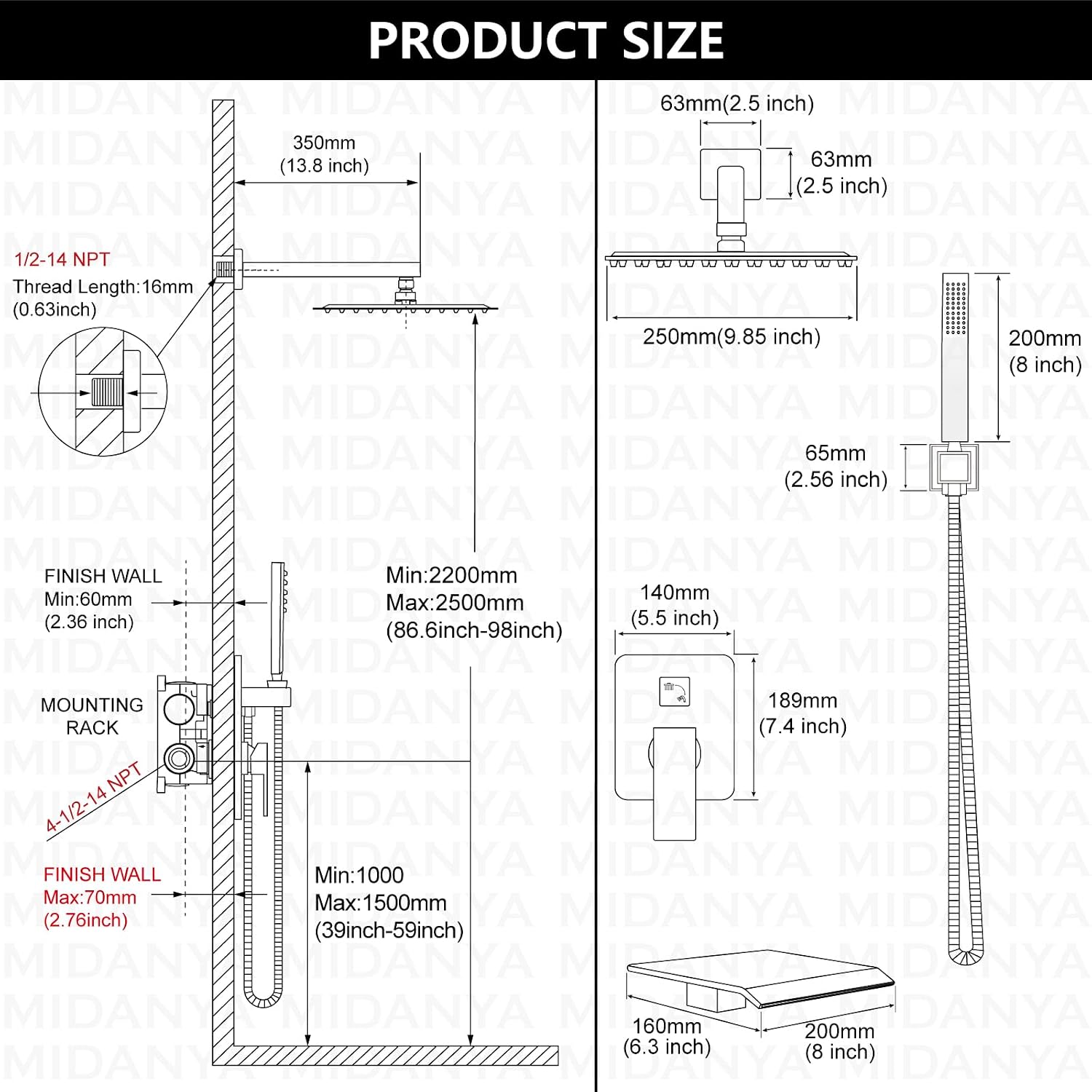 Midanya Shower System with Tub Spout,Bathtub Shower Faucet Set with Square Rainfall Head and Handheld Sprayer Wall Mount Tub Faucet Set with Valve and Trim Kit,10 Inch Matte Black