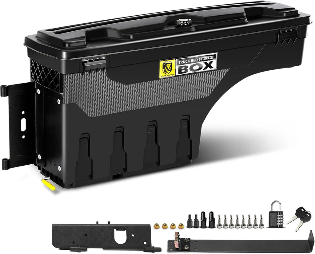 YHTAUTO Driver Side Truck Bed Storage Tool Box Compatible with 1997-2014 Ford F-150 & 2004 F-150 Heritage Fleetside, Without Bed Rail Storage, Lockable Swing Waterproof Wheel Well ToolBox