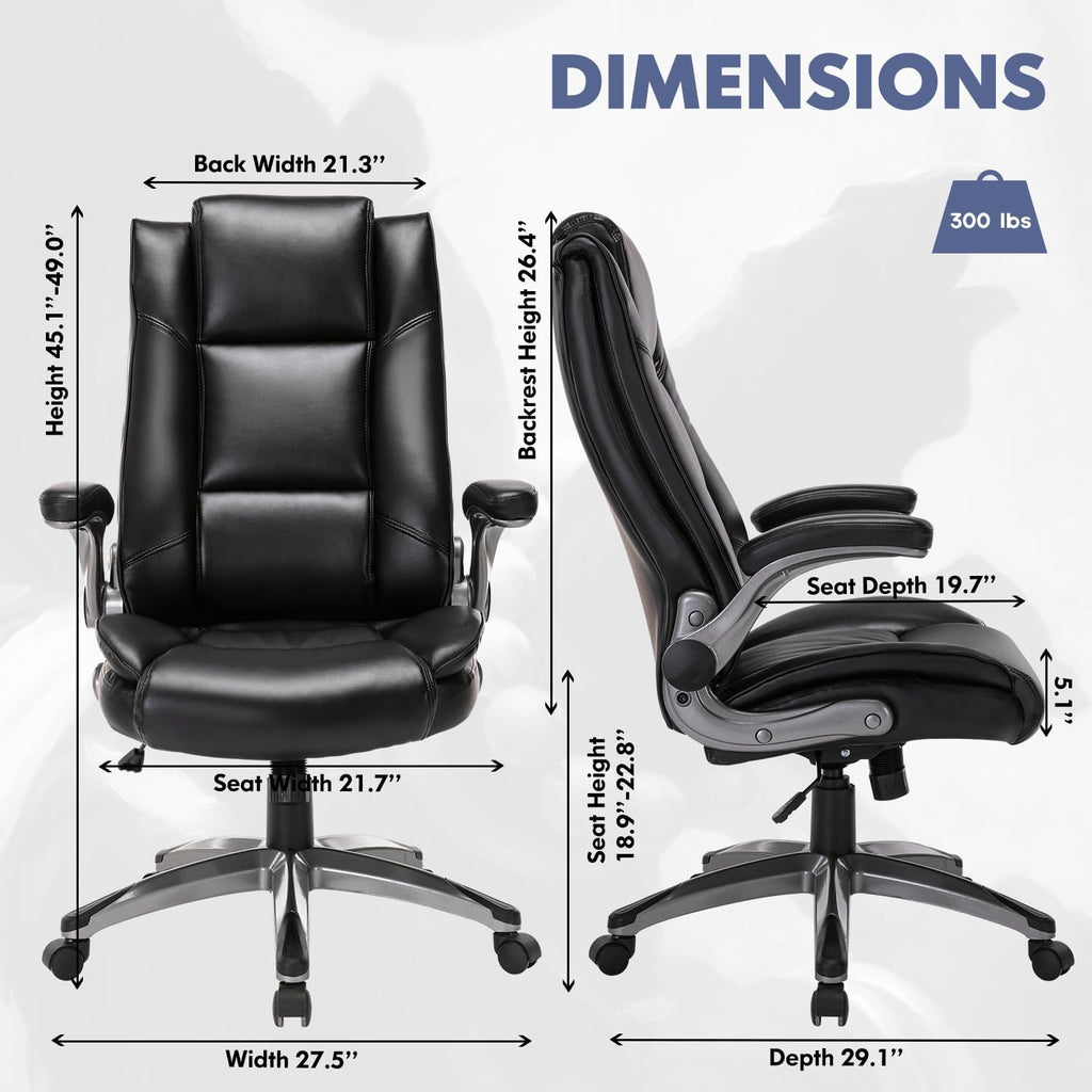 COLAMY Leather Executive Office Chair - High Back Ergonomic Home Computer Desk Chair with Padded Flip-up Arms, Adjustable Tilt Lock, Swivel Rolling Chair for Adult Working Study, Black