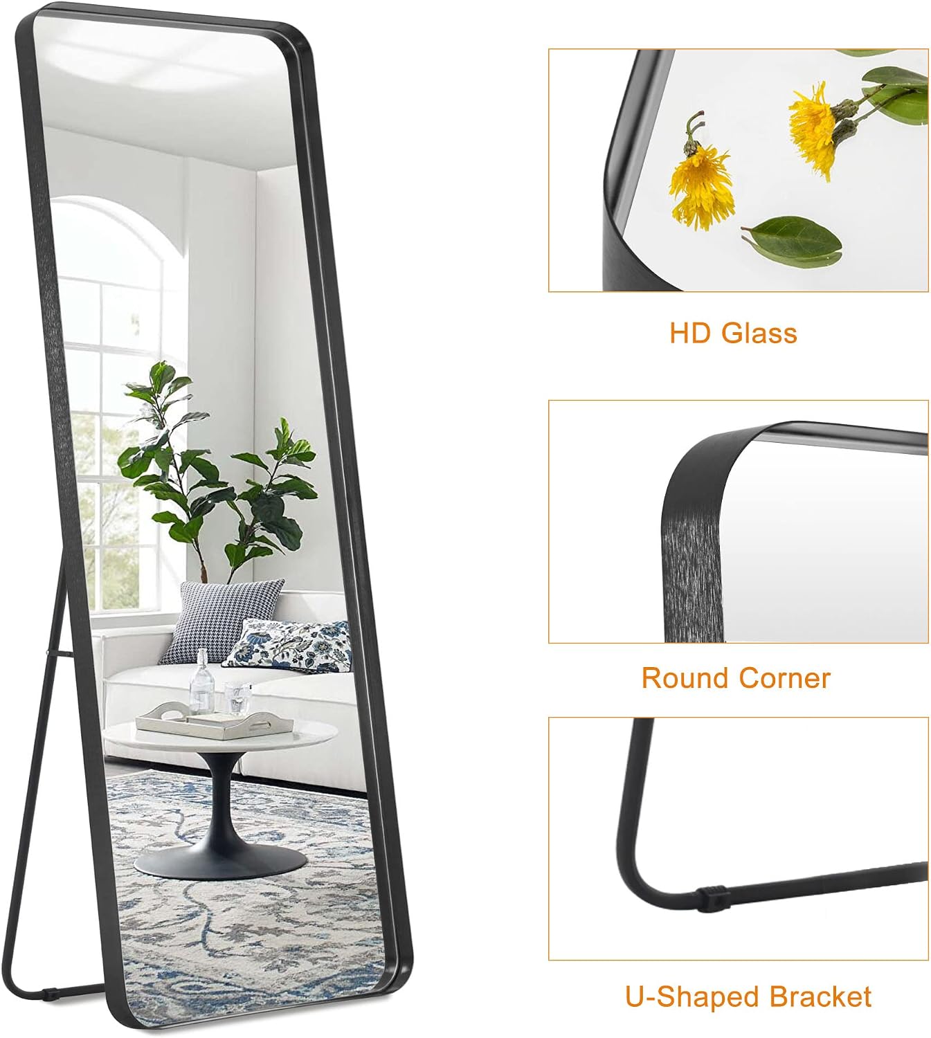 NeuType Full Length Mirror, 63'x20' Floor Mirror Full Body Dressing Mirror Round Corner, Hanging or Leaning Against Wall Large Rectangle Wall Mounted Deep Set Aluminum Alloy Frame for Bedroom, Black
