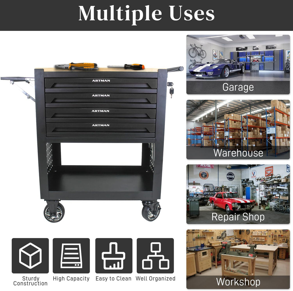 Rolling Tool Cart with 4-Drawer Wood Top Utility Tool Chest on Wheels Mechanic Tool Storage Organizer Cabinet for Garage, Warehouse, Workshop, Repair Shop (Black)