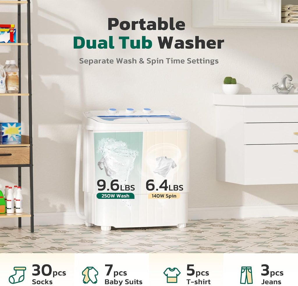 Greenvelly Portable Washing Machine, 16 Lbs Compact Washer and Dryer Combo, Semi-automatic Twin Tub Laundry Washer Machine for Dorms, Apartments, RVs (Blue)