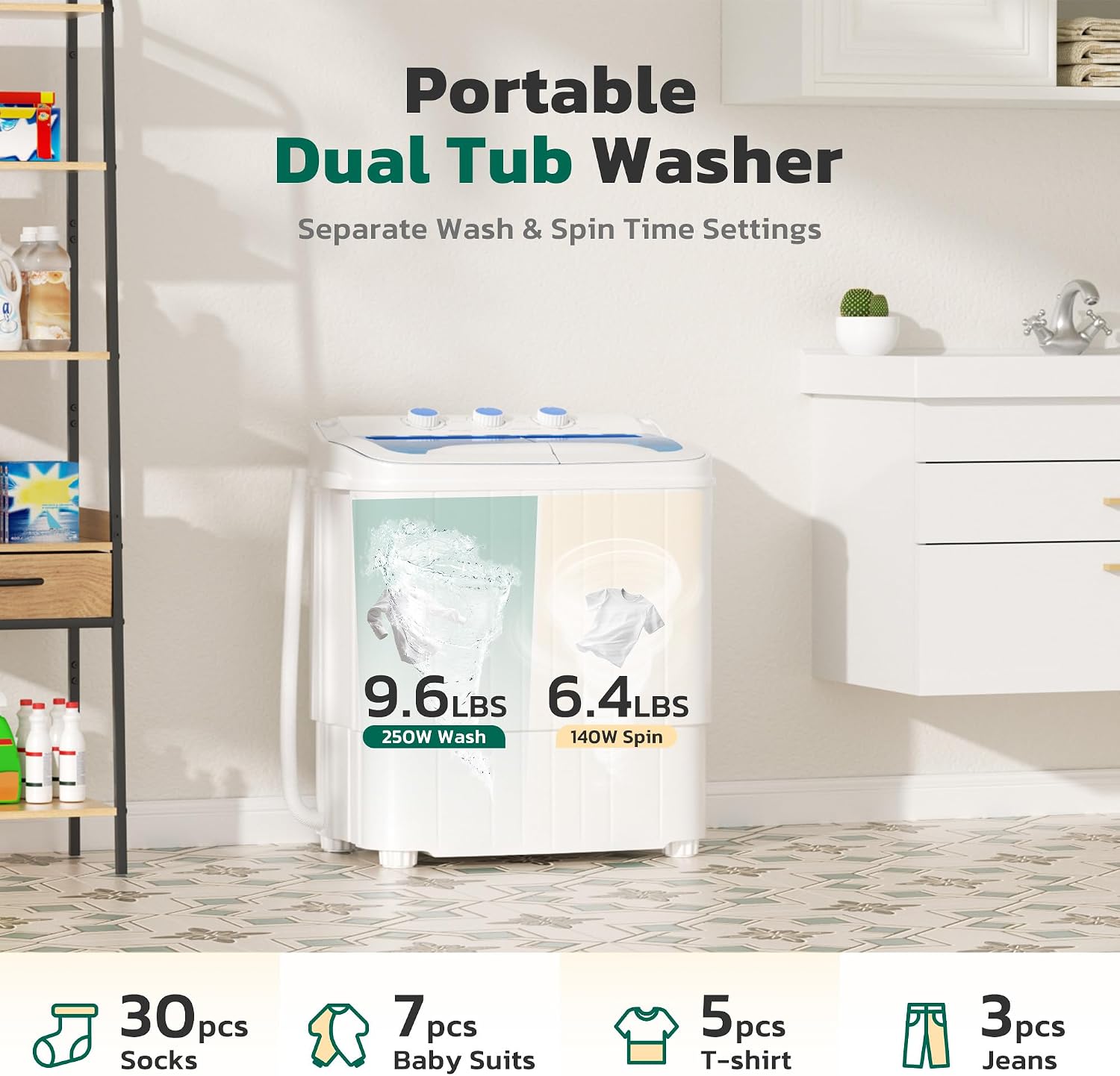 Greenvelly Portable Washing Machine, 16 Lbs Compact Washer and Dryer Combo, Semi-automatic Twin Tub Laundry Washer Machine for Dorms, Apartments, RVs (Blue)