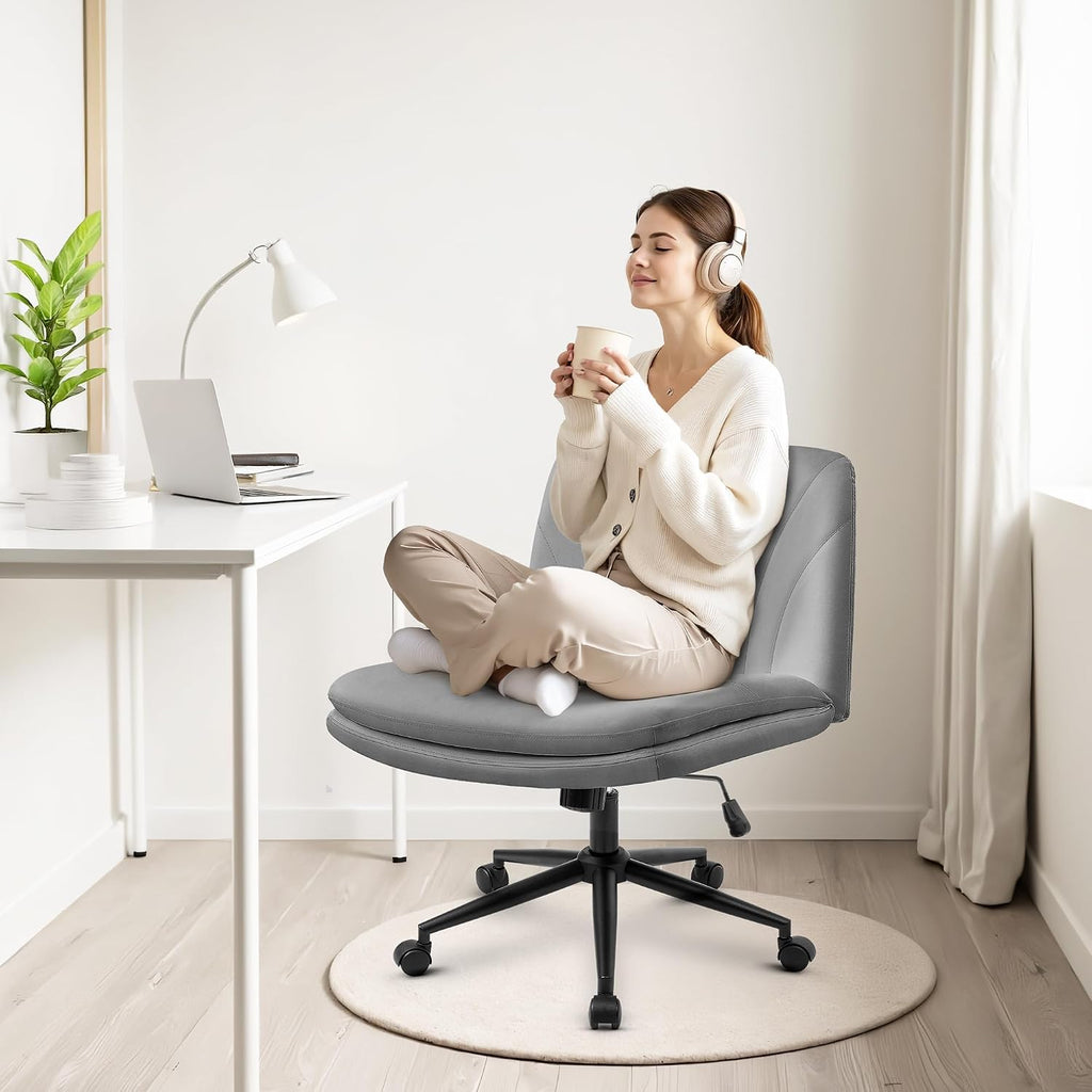 Orange Factory Criss Cross Chair with Wheels Comfy Wide Vanity Desk Chair Dual Base Leather Armless Adjustable Swivel for Home Computer Task (Grey Pu, Faux Leather)
