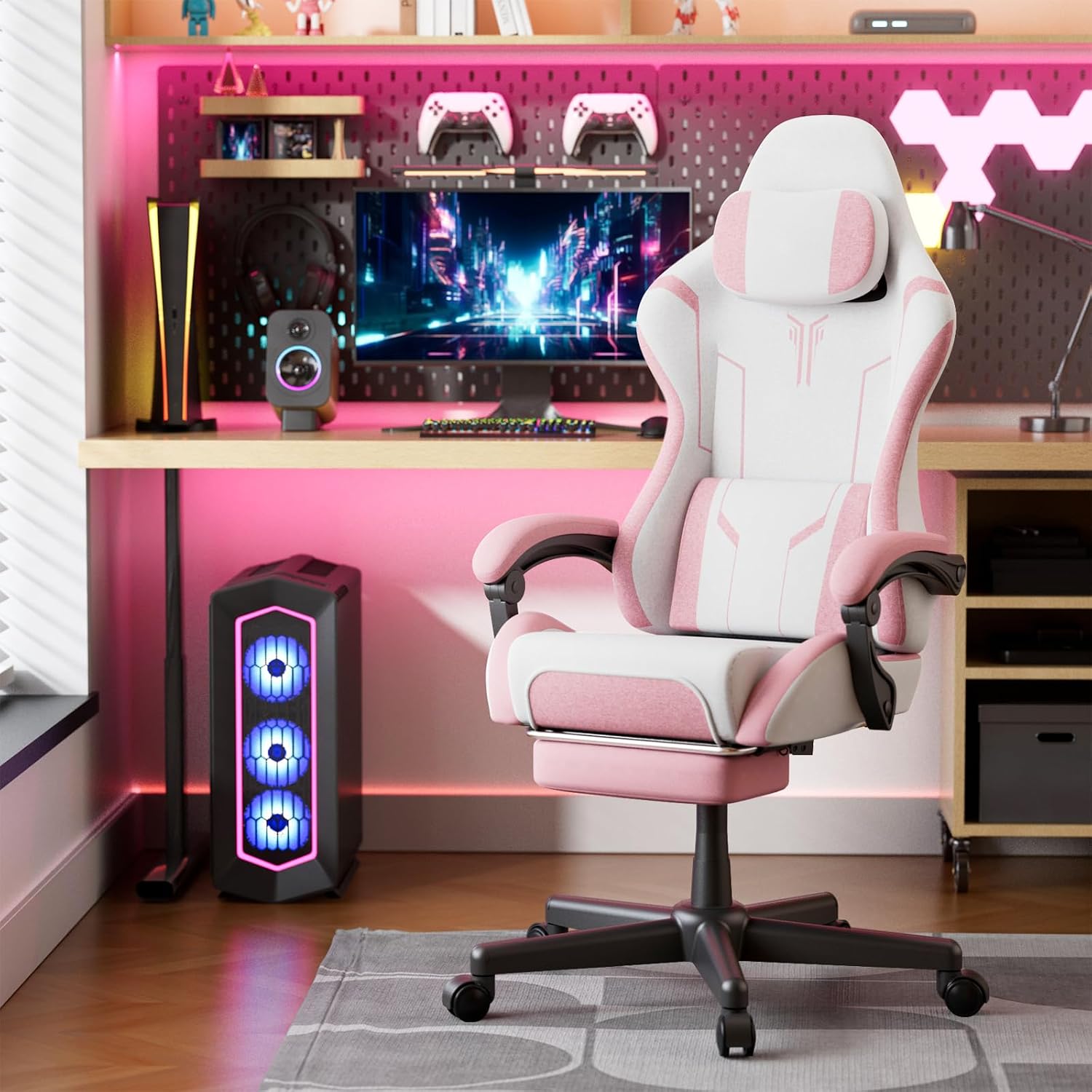 Ferghana Gaming Chair, Cloth Fabric Ergonomic Computer Chair with Massage Lumbar Support, High Back Office Game Chair with Footrest and Linkage Armrest for Adult, White/Pink
